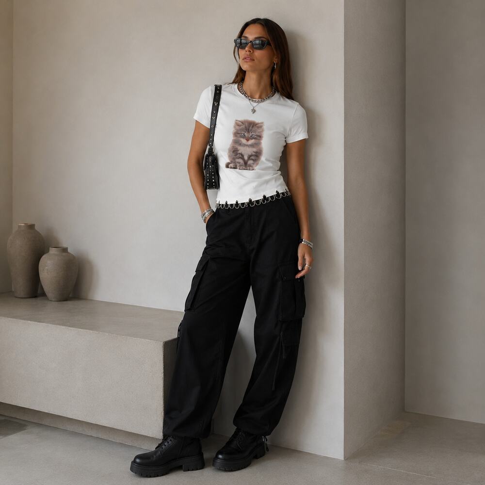 The Ragged Priest Kitty Baby Tee T-shirt Womens 8 White Cotton Short Sleeve NWT